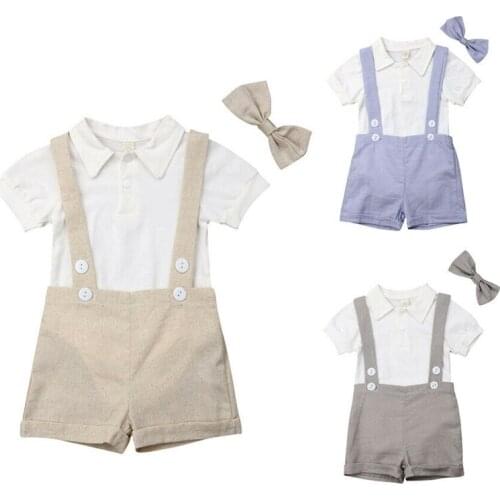 2019 New Summer Infant Baby Boy Party Gentleman Clothes 3PCS Bow Solid Romper Bib Short Formal Outfits 0-24M 3 Colors