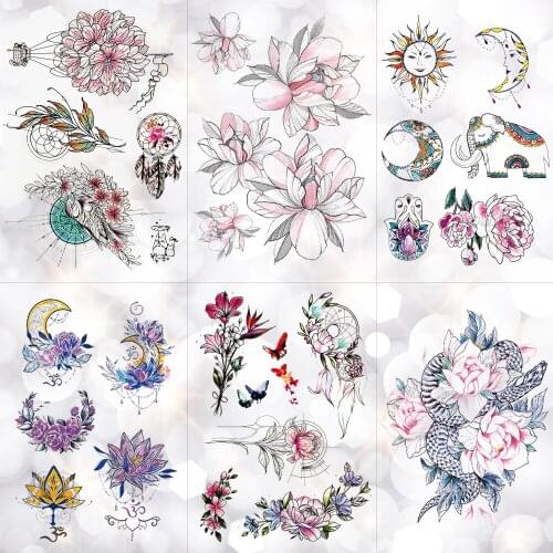 Flower Totem Dream Catcher Butterfly Moon Temporary Tattoo Sticker Pendant Doll Watercolor Tattoos Body Art Fake Tatoo