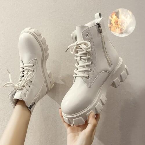 Women Boots Shoes For Women 2021 Winter Short Plush Round Toe Cross-Tied Platform Ankle Boots Ladies Martin Boots Female Shoes