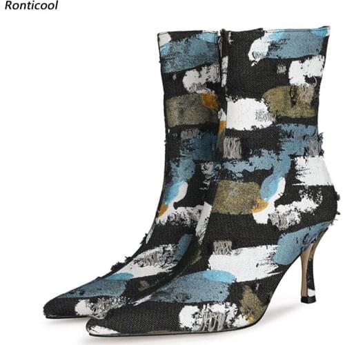 Ronticool New Fashion Women Winter Denim Ankle Boots 8 Cm Thin Heels Pointed Toe Black Blue Party Shoes Women Plus US Size 5-13