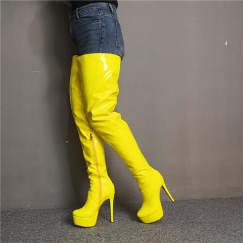Women OverKnee High Platform Boots Yellow Zip Stiletto High Heel Boots Ladies Shoes Woman Botines Larger Big Size 34 44 47 52