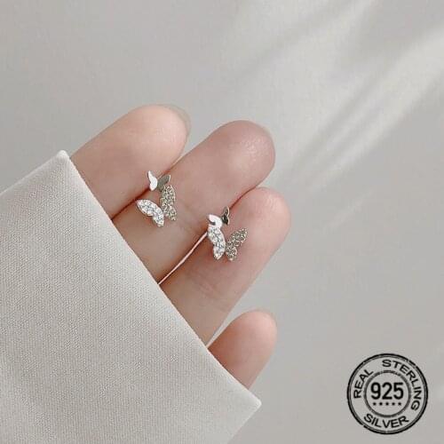 S925 Silver Zircon Butterfly Stud Earrings For Women Simple Korea Fashion High Quality New Trend Hot Student Lady Party Jewelry