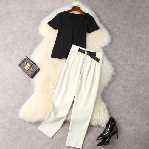 Pant Suits Women Summer 2021 New Beading Bow Round Neck Short Sleeved Tee Top + High Waist Ankle Length Harem Trousers 2PCS Set