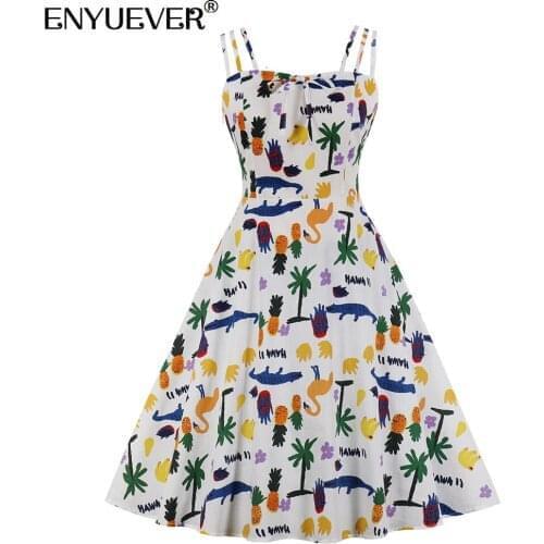 Enyuever Summer Dress Spaghetti Strap Cotton Bowknot Cute Print Robe Pin Up Swing Retro Vintage Dress Sundresses Women Clothing