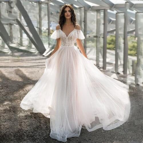 Boho Pink Wedding Dresses Spaghetti Straps Lace Sweetheart Off The Shoulder Appliques A-Line Princess Bridal Gowns Robe de Noiva