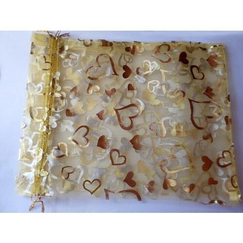Gold heart organza bags 13x18cm 1000pcs jewelry packaging display bags gifts drawstring bag pouch jewelry bag for bracelets