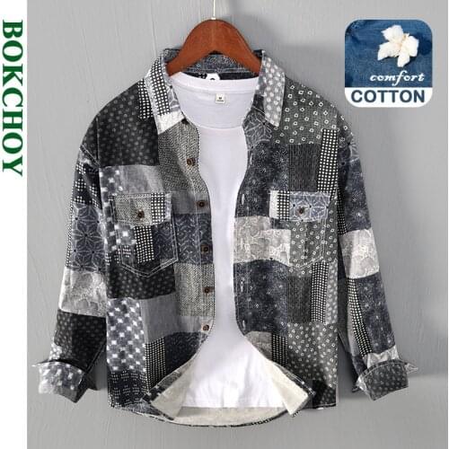 2021 Autumn Winter New Men Bohemia Patchwork Shirts Button Up Long Sleeve Retro Cotton Unique Style Thin Coat GB-1255