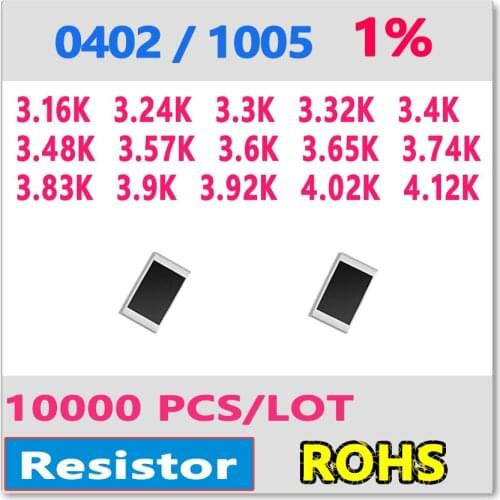 JASNPROSMA OHM 0402 F 1% 10000pcs 3.16K 3.24K 3.3K 3.32K 3.4K 3.48K 3.57K 3.6K 3.65K 3.74K 3.83K 3.9K 3.92K 4.02K 4.12K smd 1005