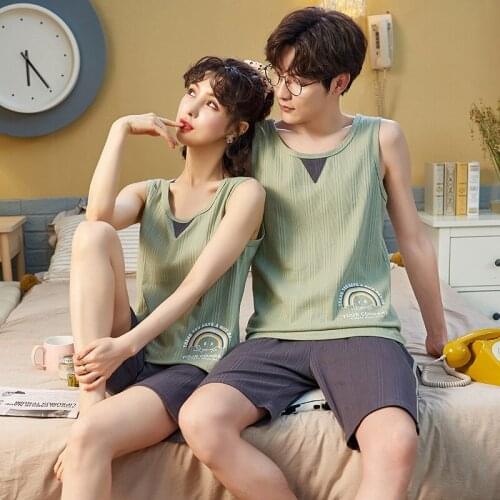 Korean Fashion Avocado Green Couples Pajamas Sets Cotton Casual Homewear Summer O-neck Sleeveless Cool Men Women Vest Sleepwear