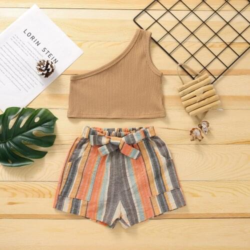 Summer Kids Baby Girls Clothes Set Fresh Solid Color One-Shoulder Vest and Stripe Short Pants Clothing