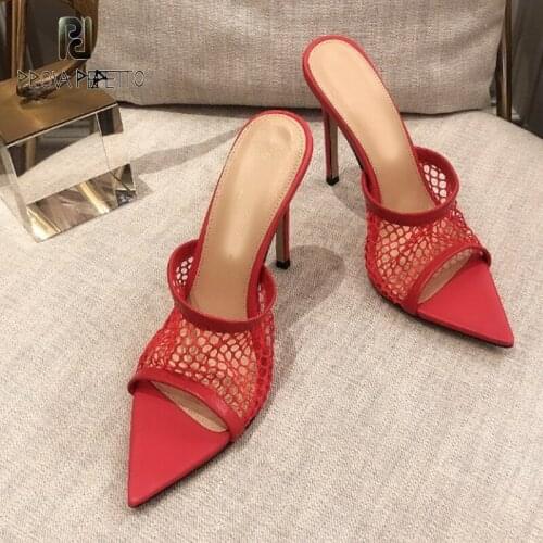 French retro elegant summer red pointed toe mesh open toe hollow stiletto high heel sandals and slippers