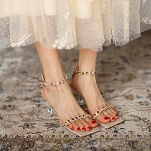 Highquality Exquisite Fashion Sandals Women Summer New Open-toed Rivet Sandals Stiletto High-heel Roman Crystal Heel Women Shoes