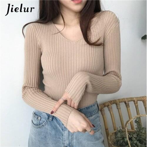 Jielur Korean Knitted Fashion Sweater Autumn V Neck Sweaters Slim Winter Tops For Woman Pullover Jumper Pull Womens Clothing