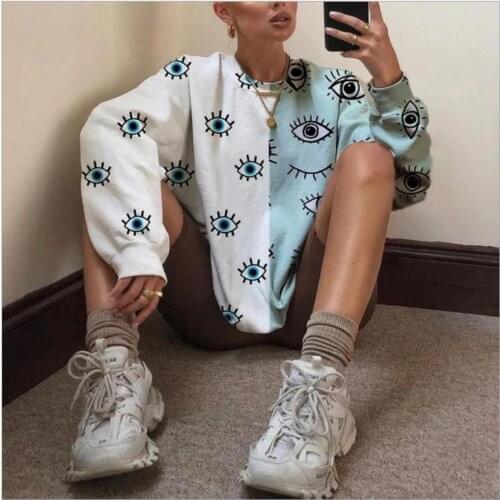 Green white Contrast Fun Eyes Printing Sweatshirt Women Casual Loose Plus Size Thin Tops Long Sleeve New Autumn Fashion Girls