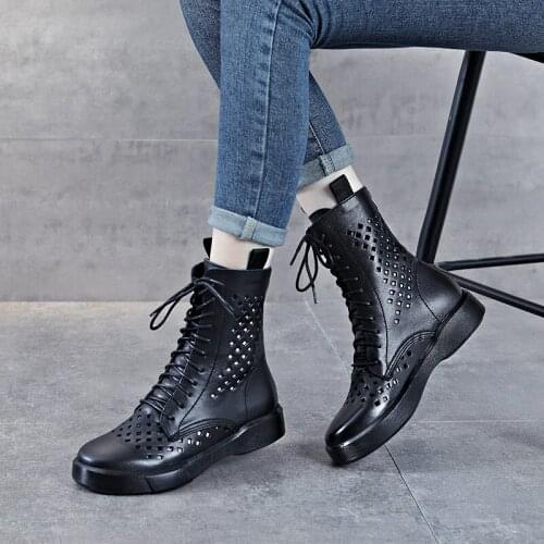 The First Layer of Cowhide Hollow Short Boots 2021 Spring and Summer New Lace-up Martin Boots Leather Womens Boots Trend