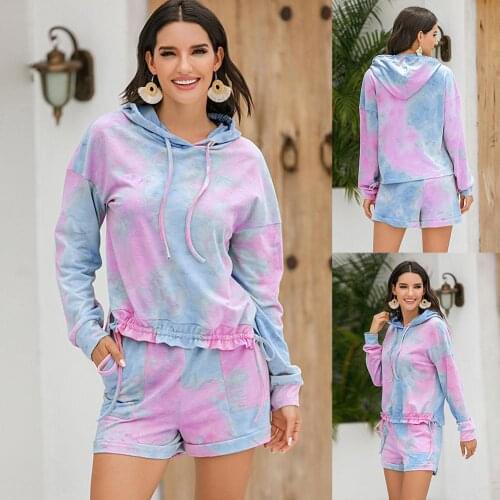 Women Pajama 2pcs Set Sweatshirt Sleepwear Tie-dye Loungewear Hoodie Drawstring Shorts Nightwear