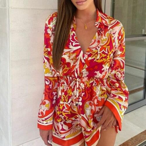 XEASY New Summer Women Vintage Casual Bohemia Two-Piece Set Print Hem Bowknot Shirts Female Elastic High Waist Shorts Shorts Set