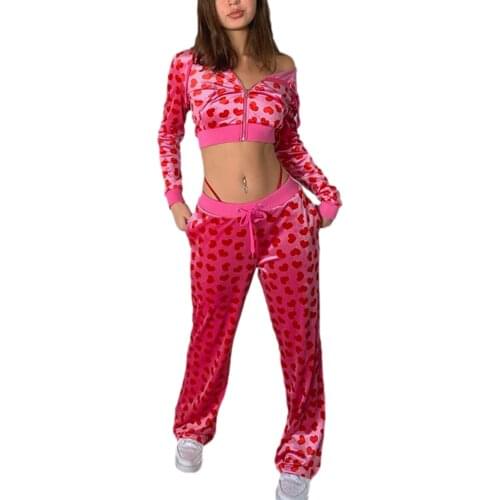 Female Short Coat Heart Print Long Sleeve Tops with Zipper and Pockets Or Drawstring Pants for Spring Fall Red S/M/L