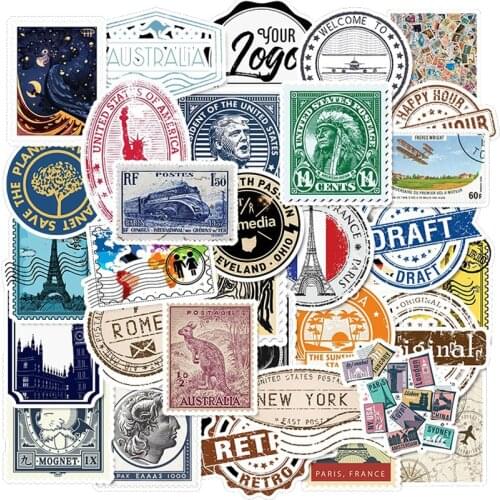 50 PCS Pack Stickers Retro Travel Letter Stamp Sticker Waterproof DIY For On Laptop Phone Skateboard Suitcase luggage Sticker