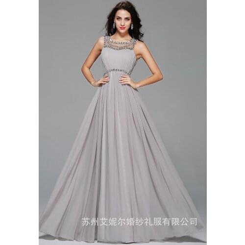 Silver Crystals Evening Dresses Long Luxury A-line Chiffon Beaded Formal Party Prom Dress Pleat Backless Wedding Guest Ball Gown
