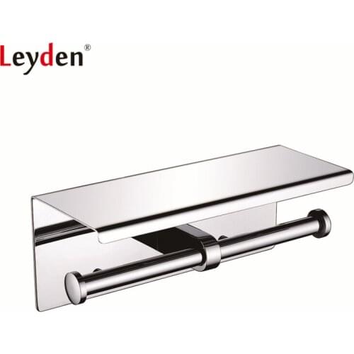 Leyden Toilet Paper Holder Stainless Steel Wall Mounted Polished Chrome Double with Mobile Phone Holder Shelf Bathroom Accessory