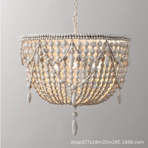 French Country White Wood Bead Chandelier Dining room Bedroom Princess Decorative Kitchen Island hanging light fixture