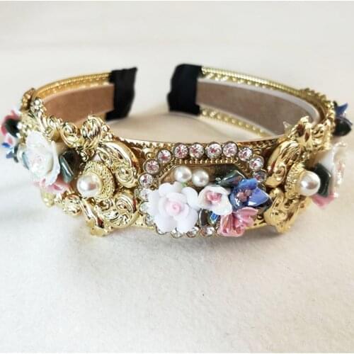 Fashionable Pearls Rhinestone Retro Palace Baroque Headdress Crown Luxury Velvet Hairband Card Wedding Hair Accessory