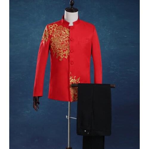 Chinese tunic suits mens formal dress stand collar chinese style costume men tang suit married blazer set red blue black white