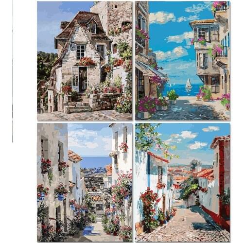 Gatyztory European Town Frame Diy Painting By Numbers Landscape Canvas Drawing Kits Handpainted Gift Wall Decor