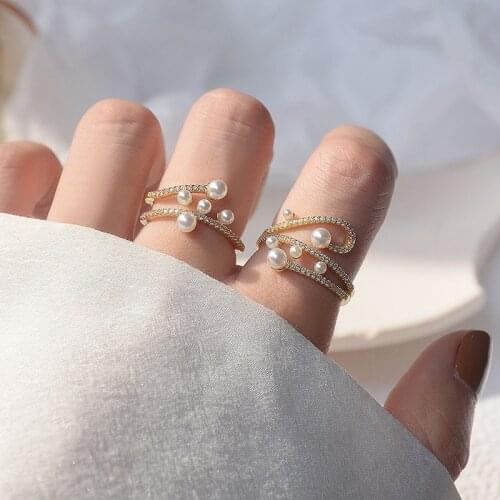 Delicate jewelry 14K real gold plated adjustable crystal rings for women luxury pearl engagement rings