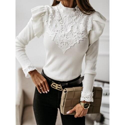 2021 Autumn Sexy Slim Women Blouse Shirt Elegant Office Lady Ruffle Rib Pullover Tops Vintage Long Sleeve Harajuku Shirt Blusas