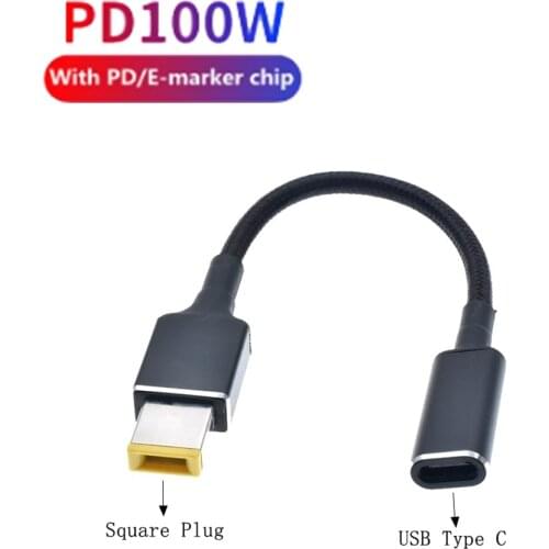 100W USB Type C Female to Square Plug Converter USB-C Fast Charging Cable Laptop Dc Power Adapter Connector for Lenovo Thinkpad