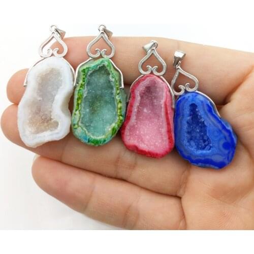 925 Sterling silvers Natural Agates Geode Druzy Quartz Pendant Multi Color Geode Drusy charms For Necklace Jewelry Making