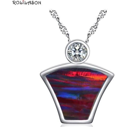 ROLILASON Retro Style Brown fire opal silver color stamped Necklace Pendant Fashion Jewelry For Women OP793