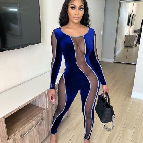 Sexy Mesh Velvet Patchwork Bodycon Jumpsuit Women Clubwear Night Party See Through Rompers and Jumpsuits for Women Overalls body