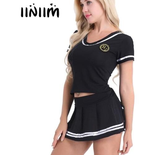 Womens Female Schoolgirls Sexy Cheerleader Cosplay Costume Lingerie Summer Party Clubwear T-shirt Tops with Mini Skirt G-string
