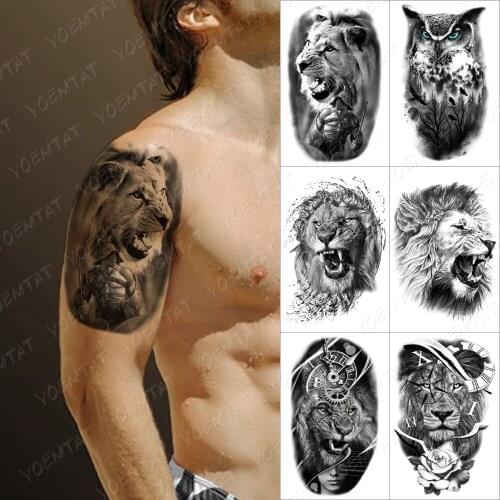 Watertransfer Temporary Tattoo Clock Lion Gear Tatto Sticker Rose Owl Wolf Henna Tiger Animal Body Art Waterproof Fake Tatoo Men