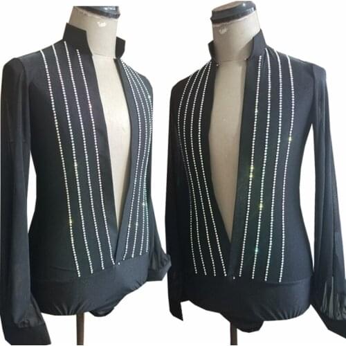 Spandex Latin Dance Shirt Men rhinestone Line Deep V-Neck Ballroom Dance Tops Cha Cha Samba Tango Performance Clothes VDB2600