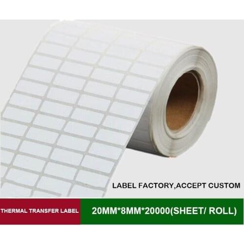 Thermal transfer label 20mm*8mm 20000 sheets per roll 4 row blank adhesive paper can customize use on barcode ribbon printer