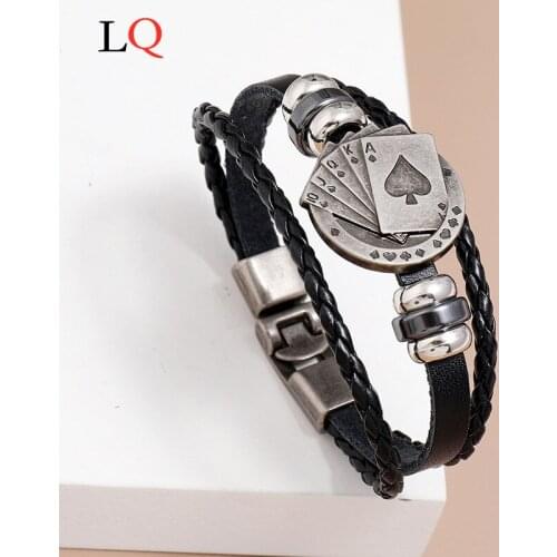 Vintage Men Jewelry Black Leather Bracelet with Playing Cards for Men Multilayer Braided Wrap Bracelet Pulsera Hombre Wholesale