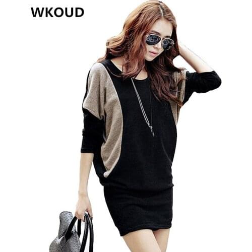 WKOUD Vestidos For Women O-neck Winter Knitted Mini Dress Batwing Sleeve Straight Dresses Loose Patchwork Long Tops L8103