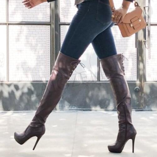 LAIGZEM Dark Brown Platform Over Knee Boots Woman Side Zip Heeled Boots Custom Shoes Botines Mujer Botas Large Size 52 1788-02