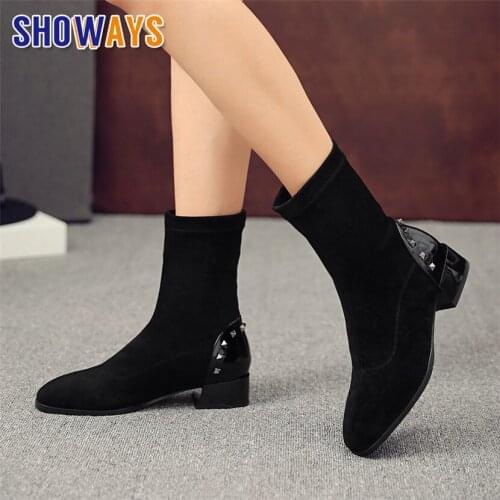 Winter Women Mid-calf Boots Beige Black Stretch Flock Medium Heels Casual Office Square Toe Slip-on Ladies Rivet Half Sock Boots