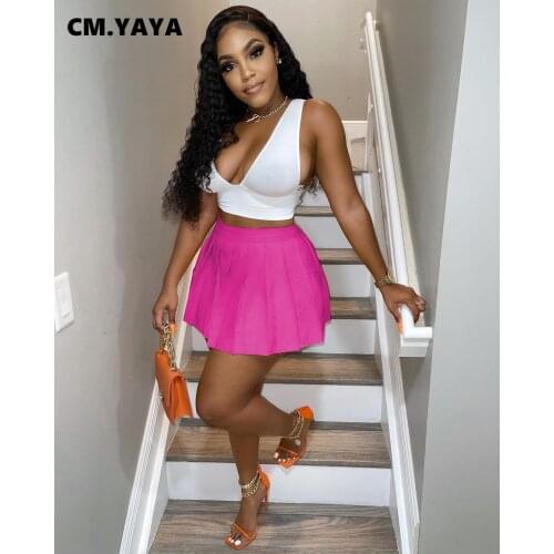 CM.YAYA Women Set Solid Sleeveless V-neck Crop Tanks Top Mini Pleated Skirts Two 2 Piece Sets Sexy Fashion Outfits Summer 2021