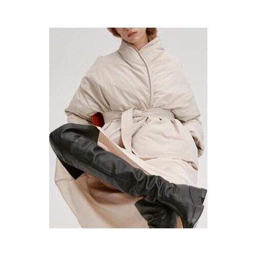 Women Down Coats 2020 Winter Down Jacket Loose Belted Jacket High Collar Coat Solid Color