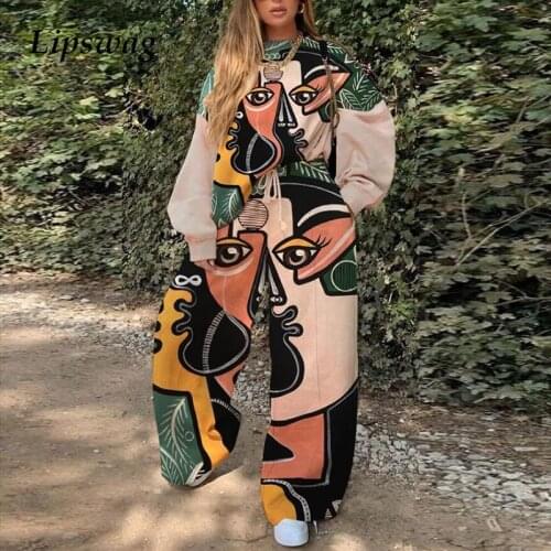 Fashion Print Women 2 Piece Set Autumn Winter Pullover Loose Sweatshirt + Long Pants Tracksuit Sport Suit Ladies Sportswear Suit