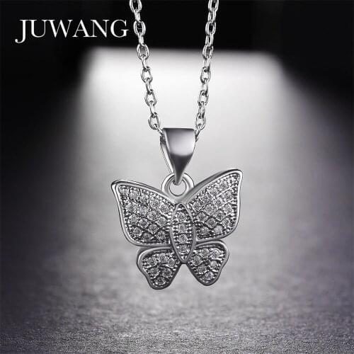 JUWANG Butterfly Animal Charm Micro Pave Full Of CZ Pendant Necklace for Women Girl Rose Gold Color Necklace Choker Jewelry