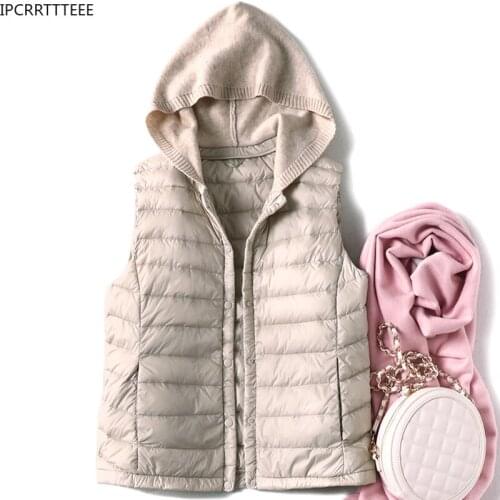 2021 Women Ultra Light Down Vest Casual New Knitted Hood Thin Lnner Bottoming Garment Spring Autumn Down Waistcoat