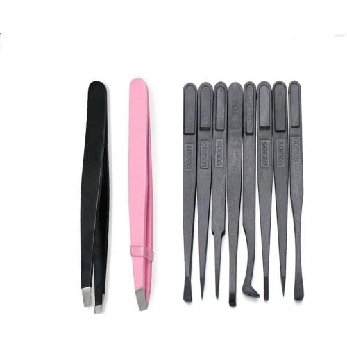 1PC Stainless Steel /Plastic Slant Tip Eyebrow Tweezer Two -Color Flat Fead Lady Eyebrows Eyelashes Hair Removal Makeup Tool