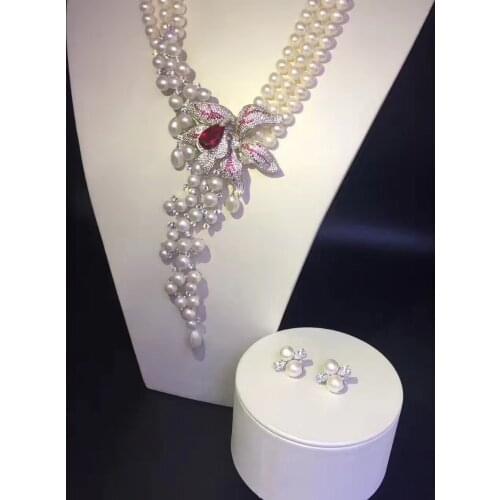 100% real cultured fresh water pearl necklace and earring jewerly set 925 sterling silver flower multi layers party necklace